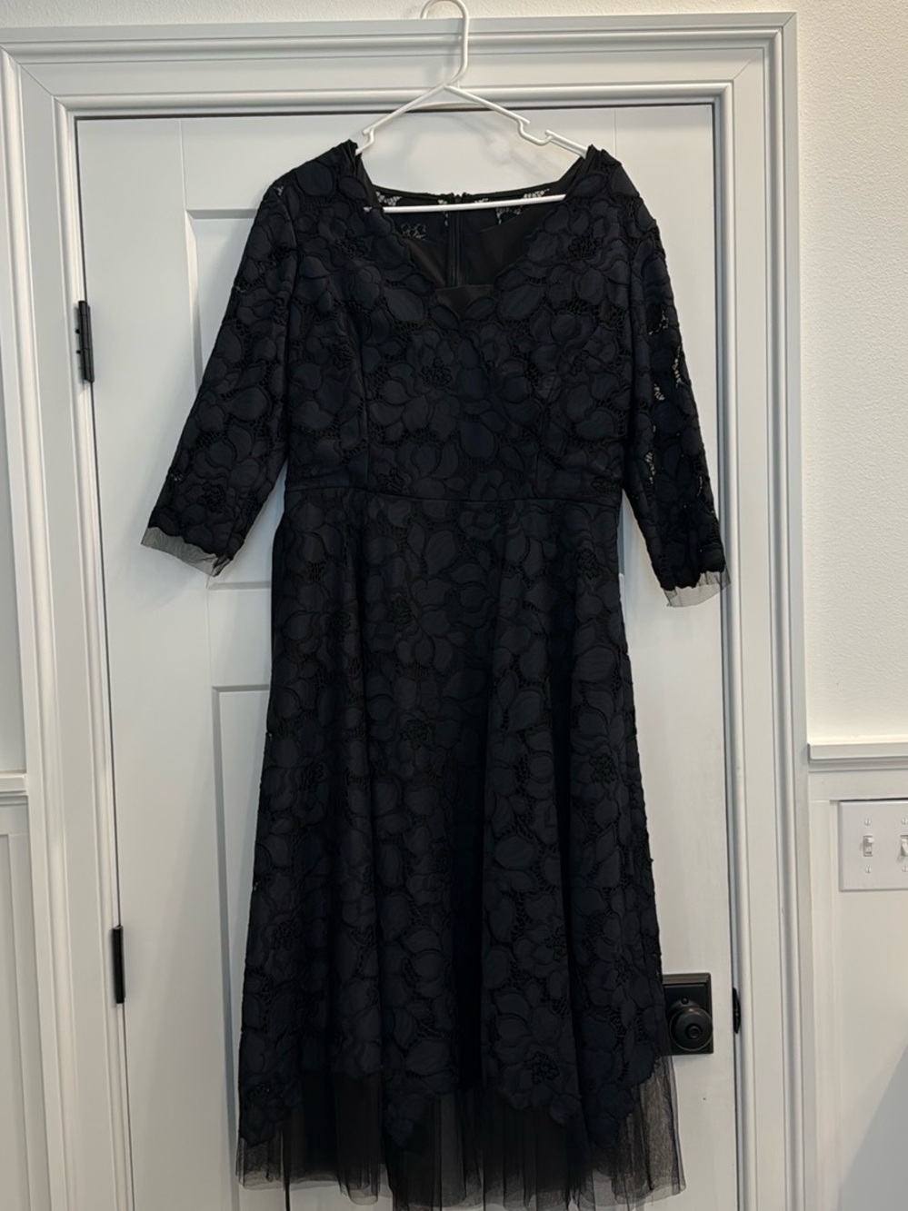 Teri Jon Black Floral Lace A-Line Dress with Sheer Tulle Hem
